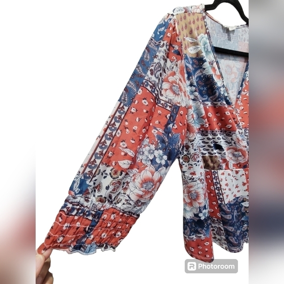 XL Multicolor Floral V Neck Drawstring Waist String Tie Long Sleeve Blouse - Picture 5 of 9